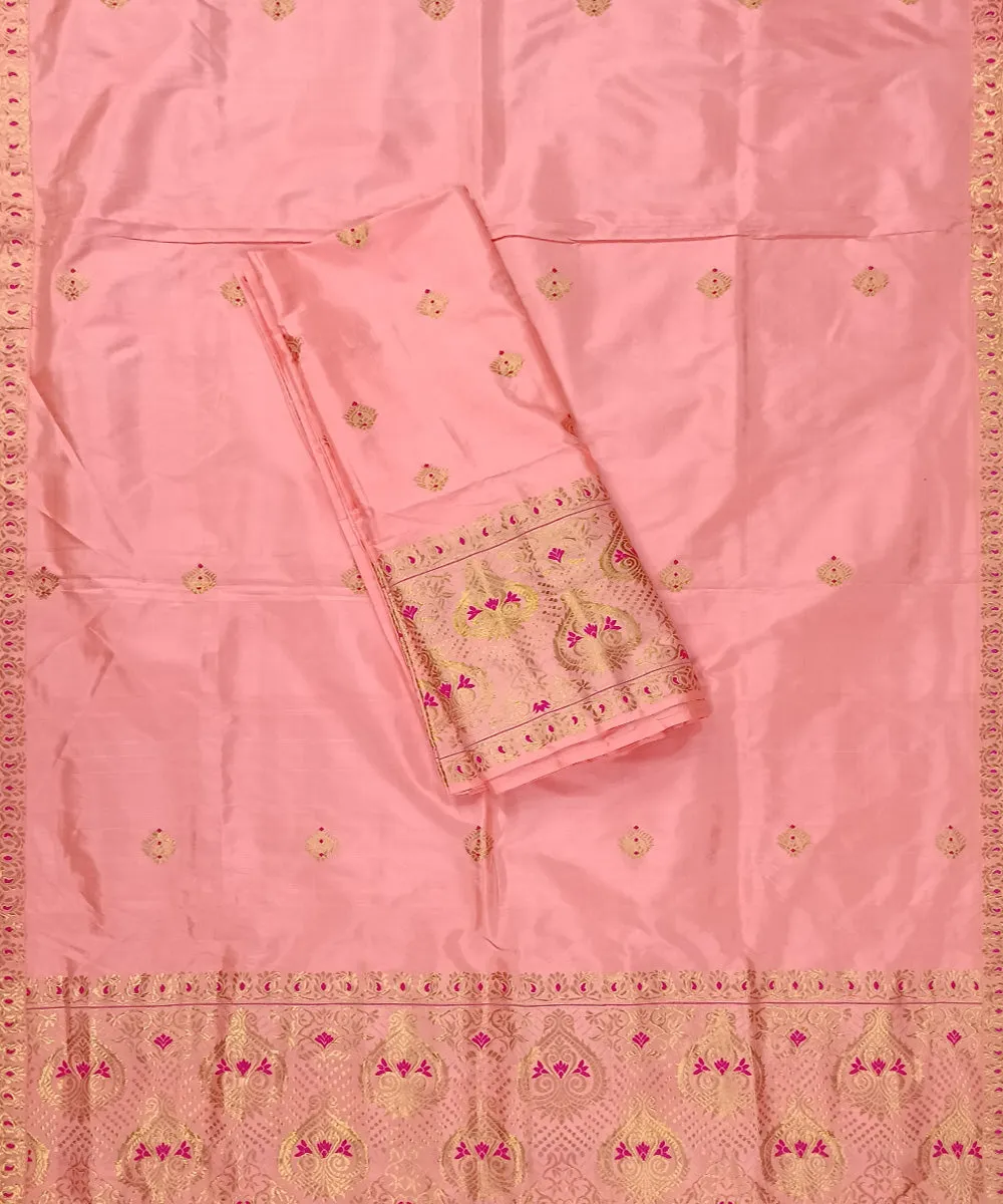 Pink yellow silk handloom assam mekhela chador