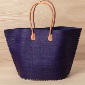 Raffia Navy Tote with Leather Handle