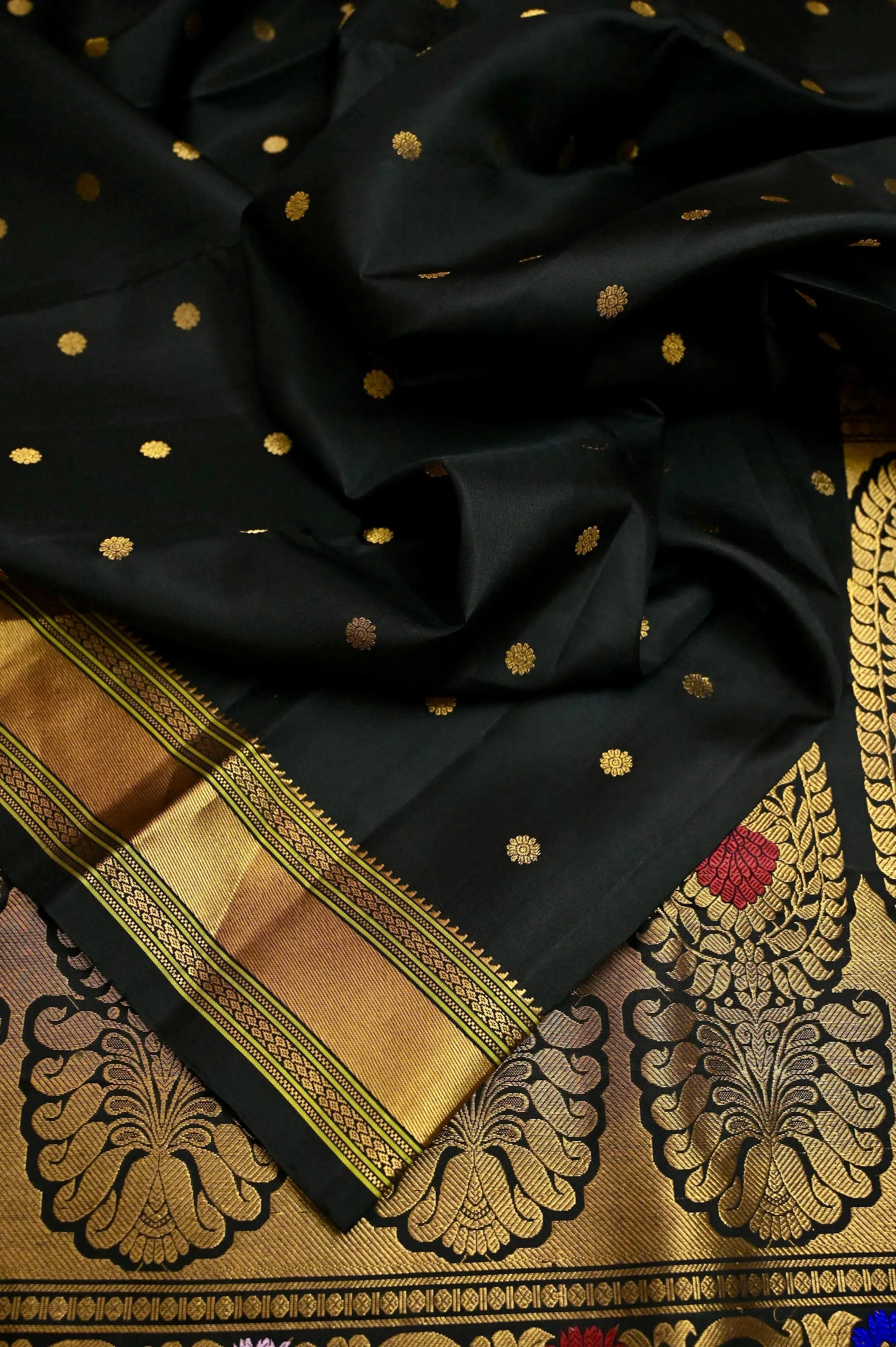 Raven Black Color Pure Paithani Silk Saree with Gadwal Style Meenakari Pallu