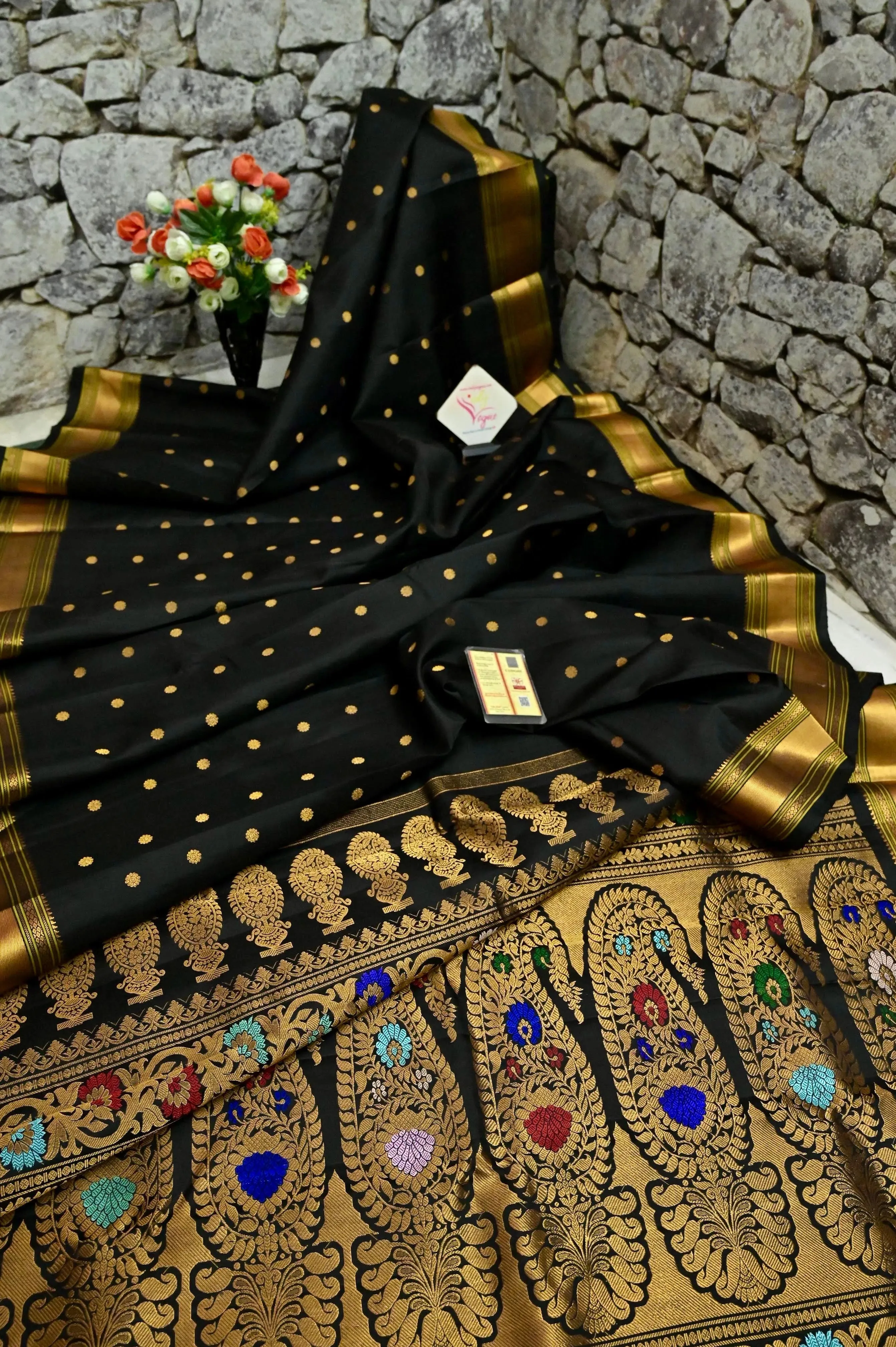 Raven Black Color Pure Paithani Silk Saree with Gadwal Style Meenakari Pallu