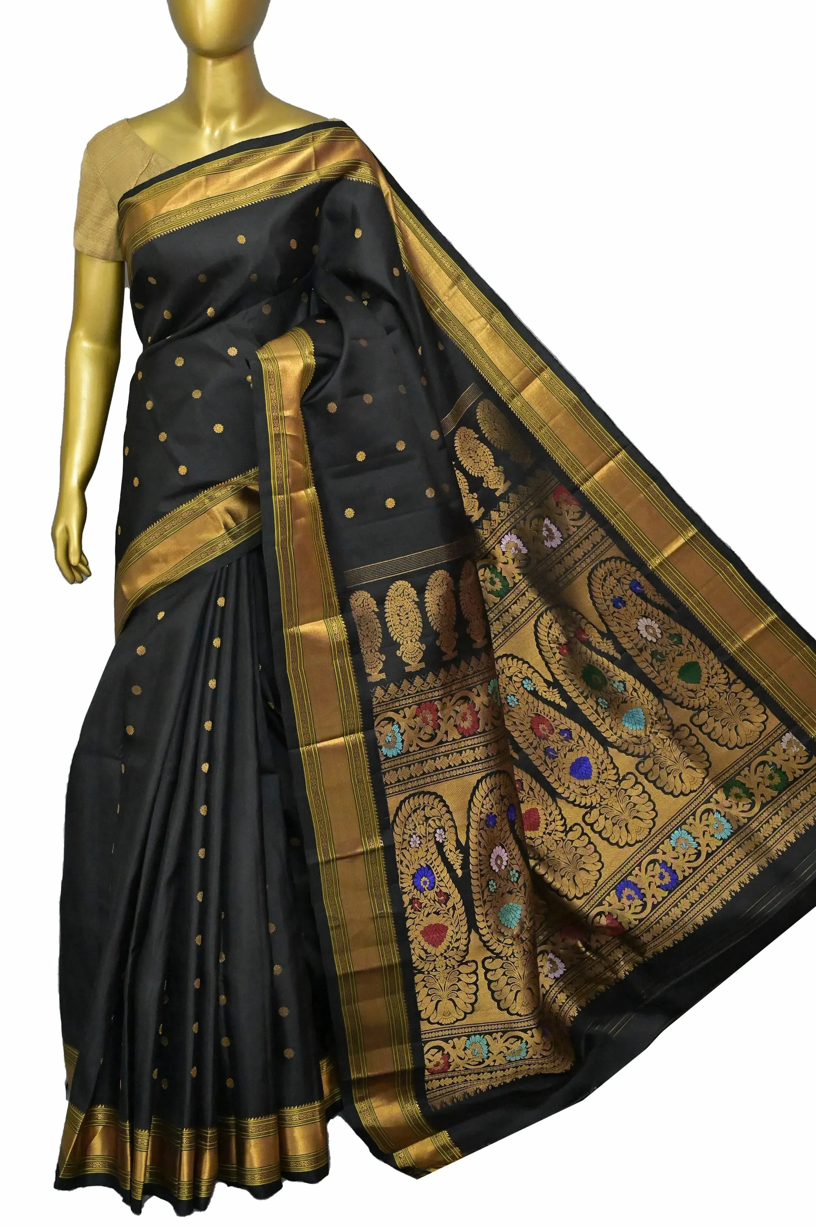 Raven Black Color Pure Paithani Silk Saree with Gadwal Style Meenakari Pallu