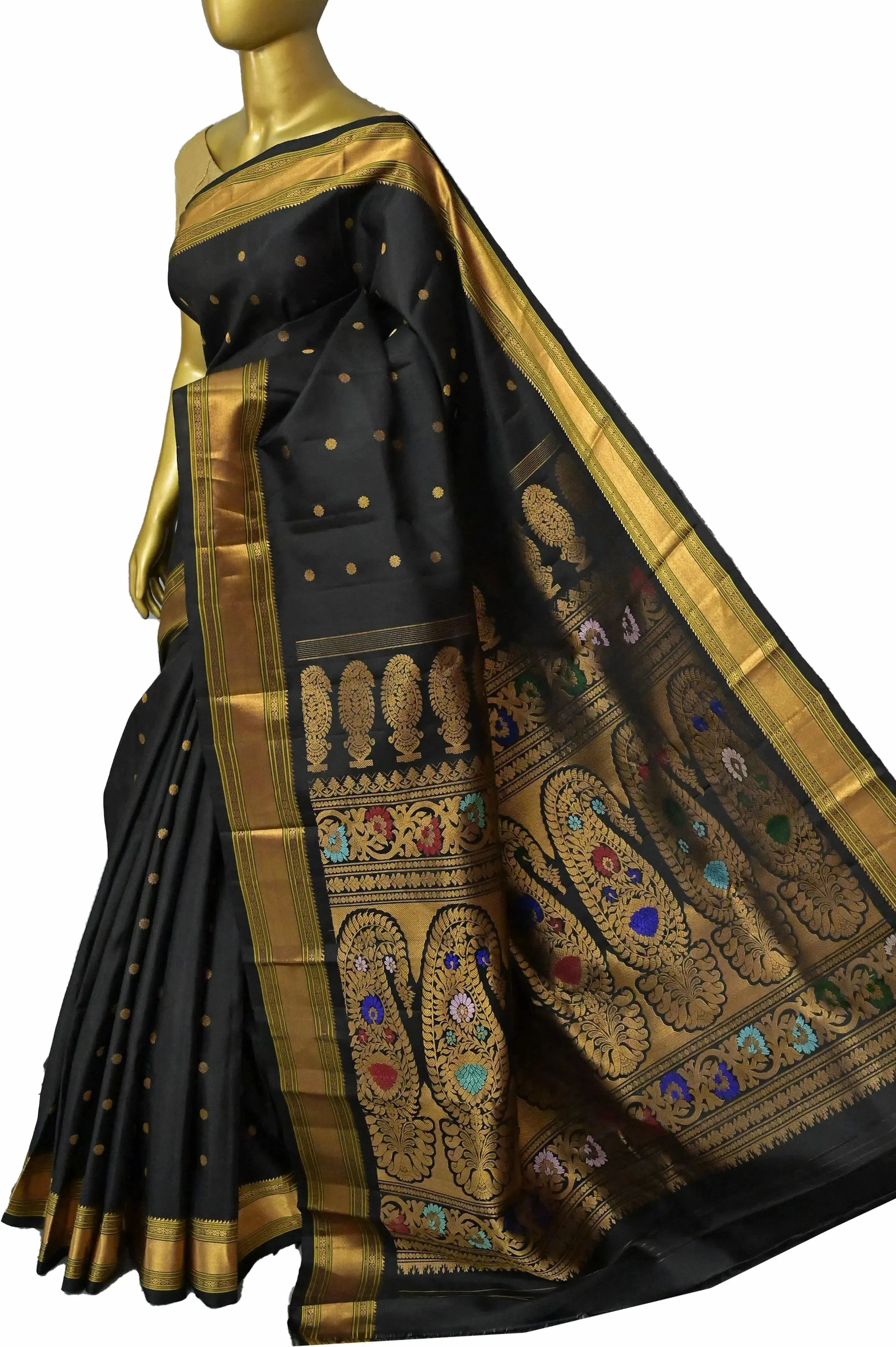 Raven Black Color Pure Paithani Silk Saree with Gadwal Style Meenakari Pallu