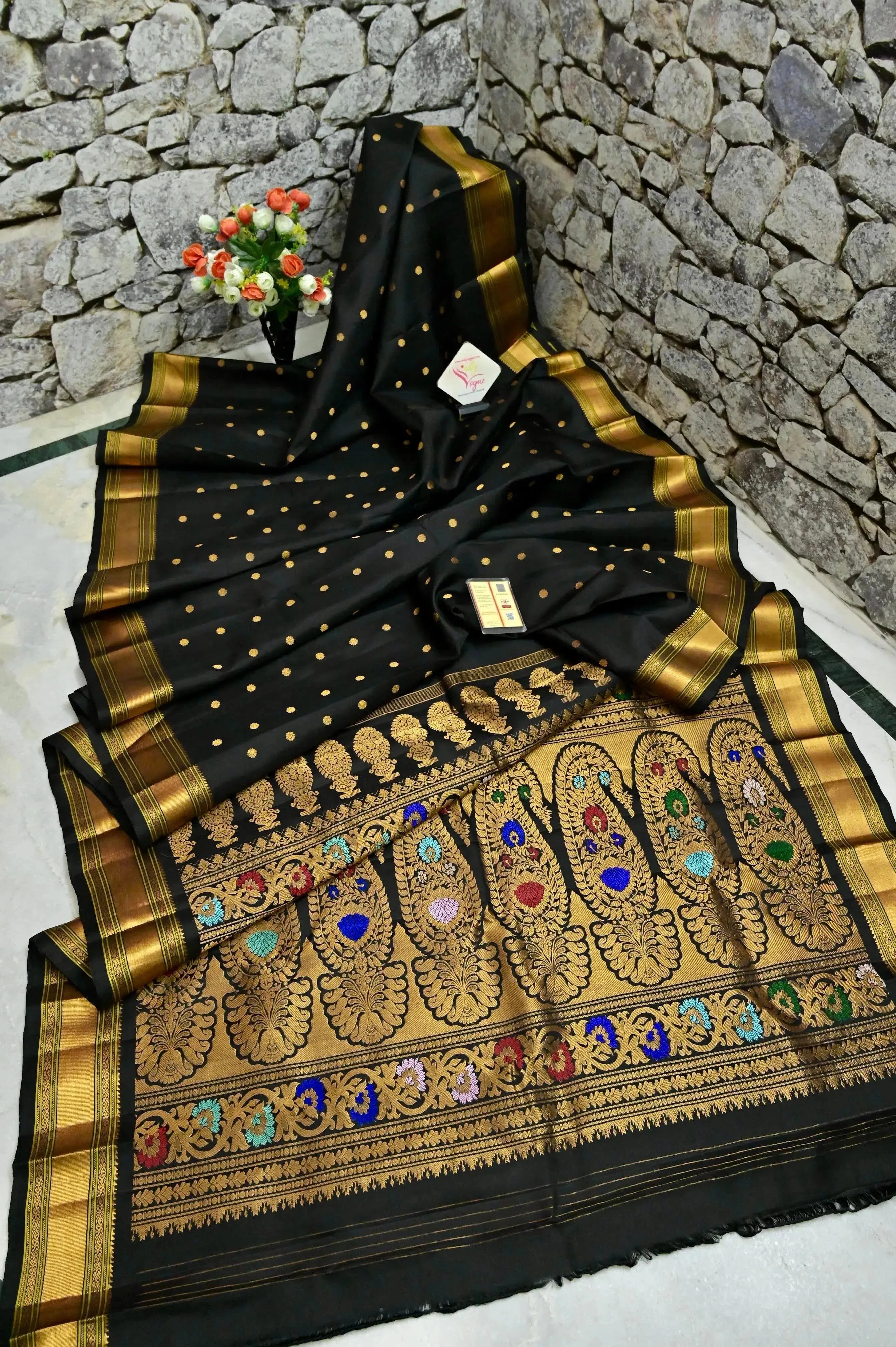 Raven Black Color Pure Paithani Silk Saree with Gadwal Style Meenakari Pallu