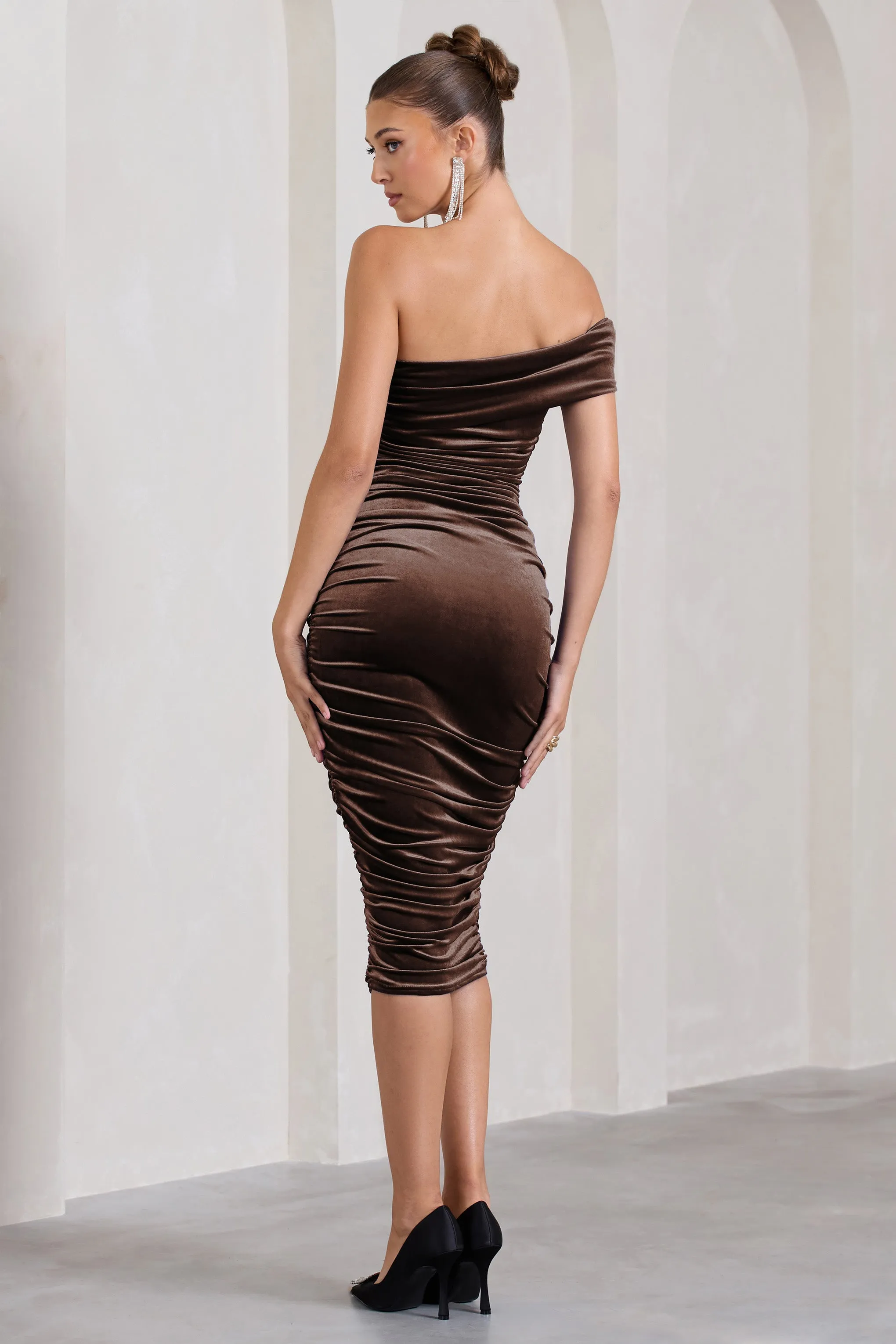 Remember Me | Chocolate Velvet Ruched Asymmetric Bodycon Midi Dress