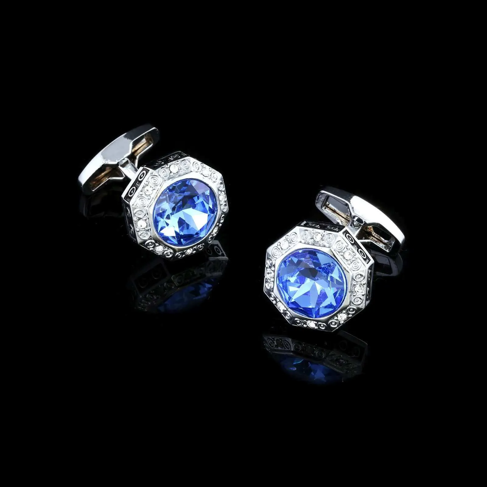 Round Light Blue & White Gemstone Suit Men's Cufflink