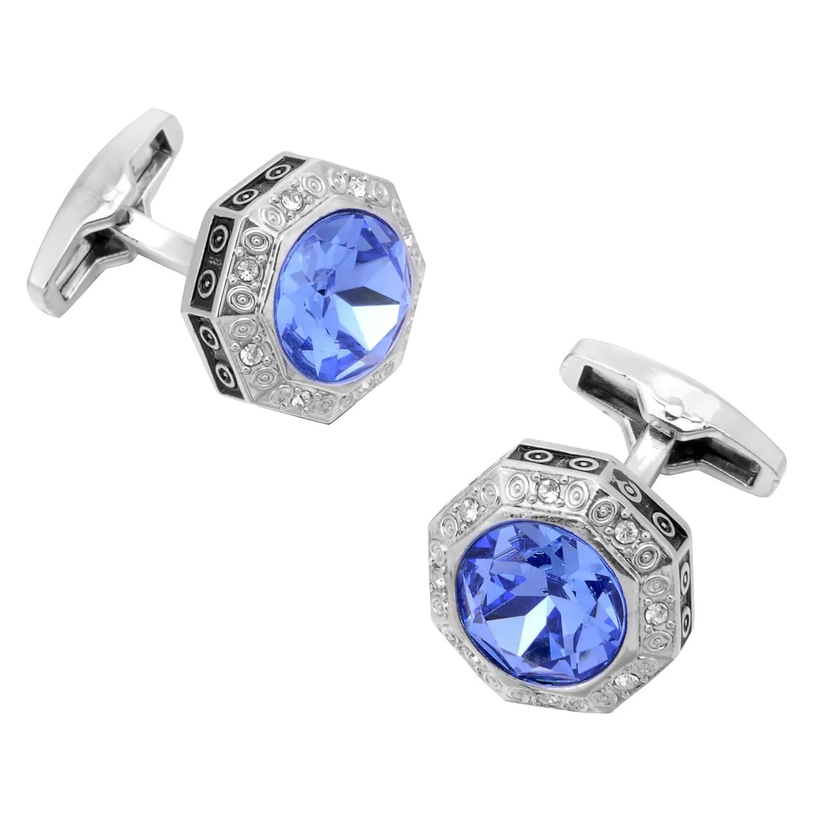 Round Light Blue & White Gemstone Suit Men's Cufflink