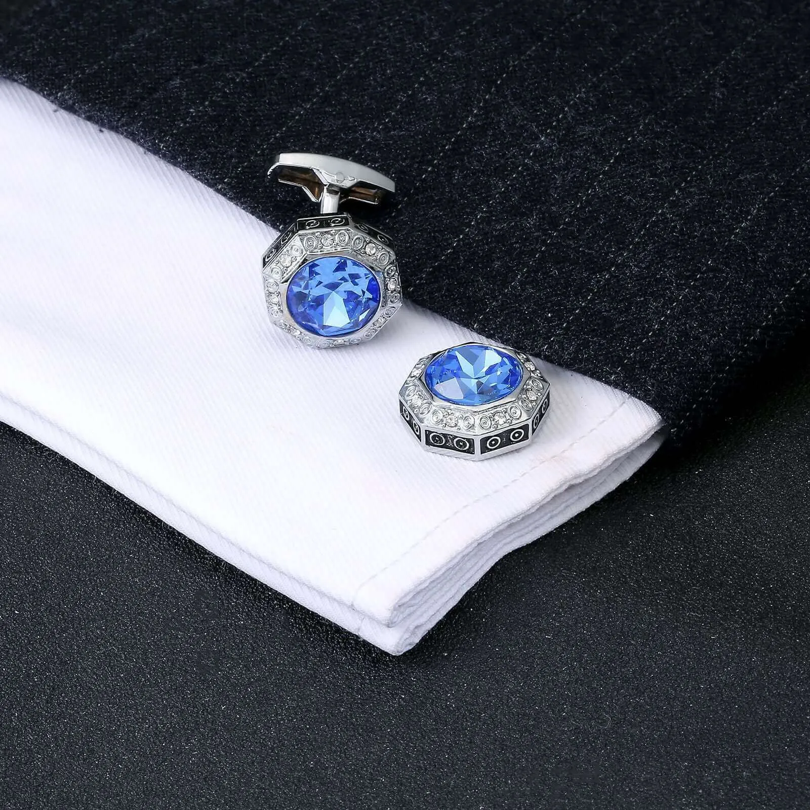 Round Light Blue & White Gemstone Suit Men's Cufflink