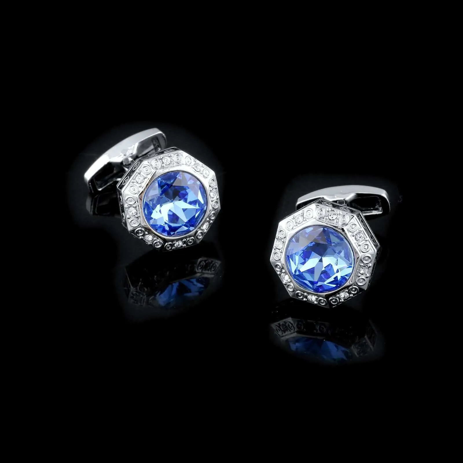 Round Light Blue & White Gemstone Suit Men's Cufflink