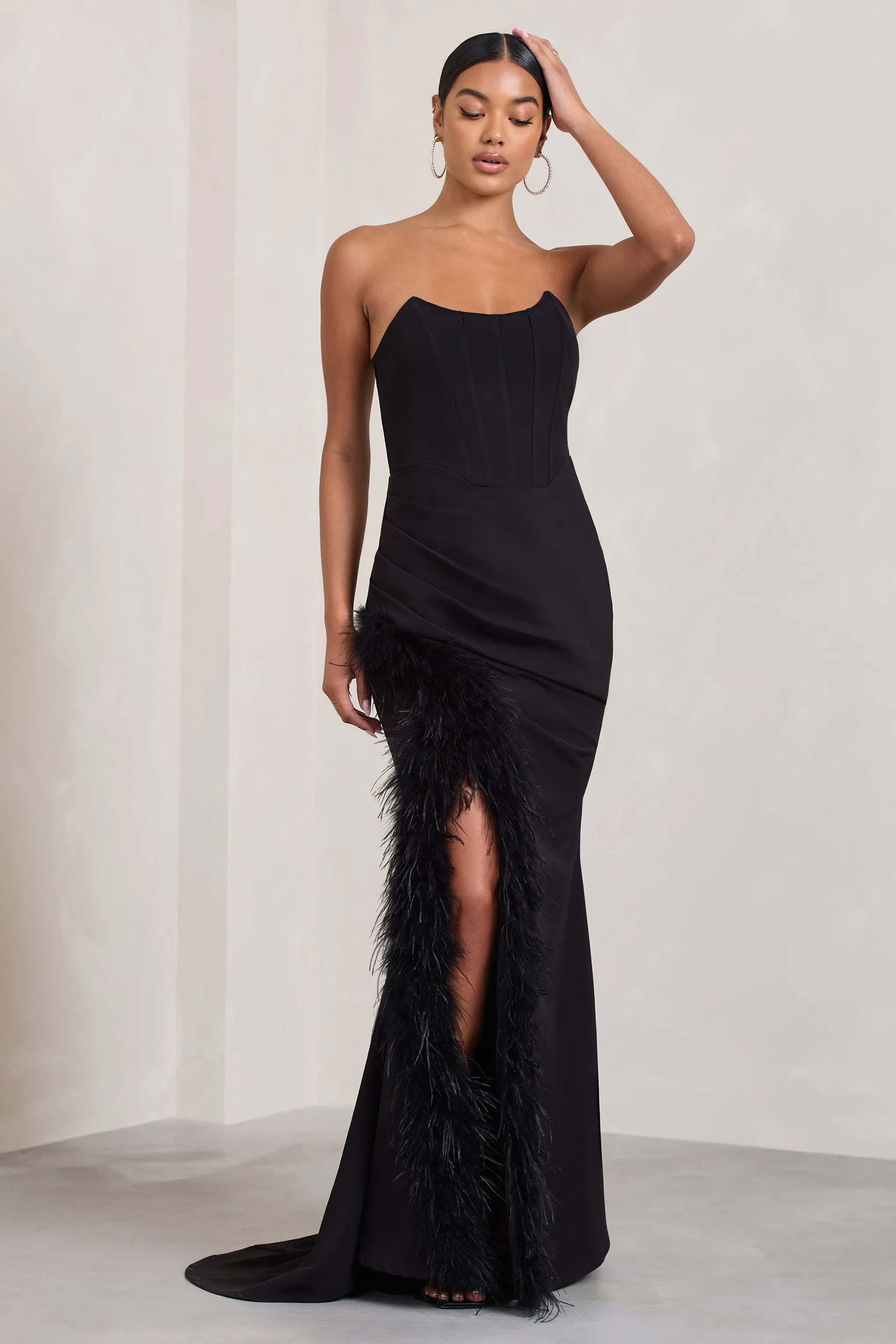 Say Yes | Black Corset Maxi Dress With Split Feather Skirt