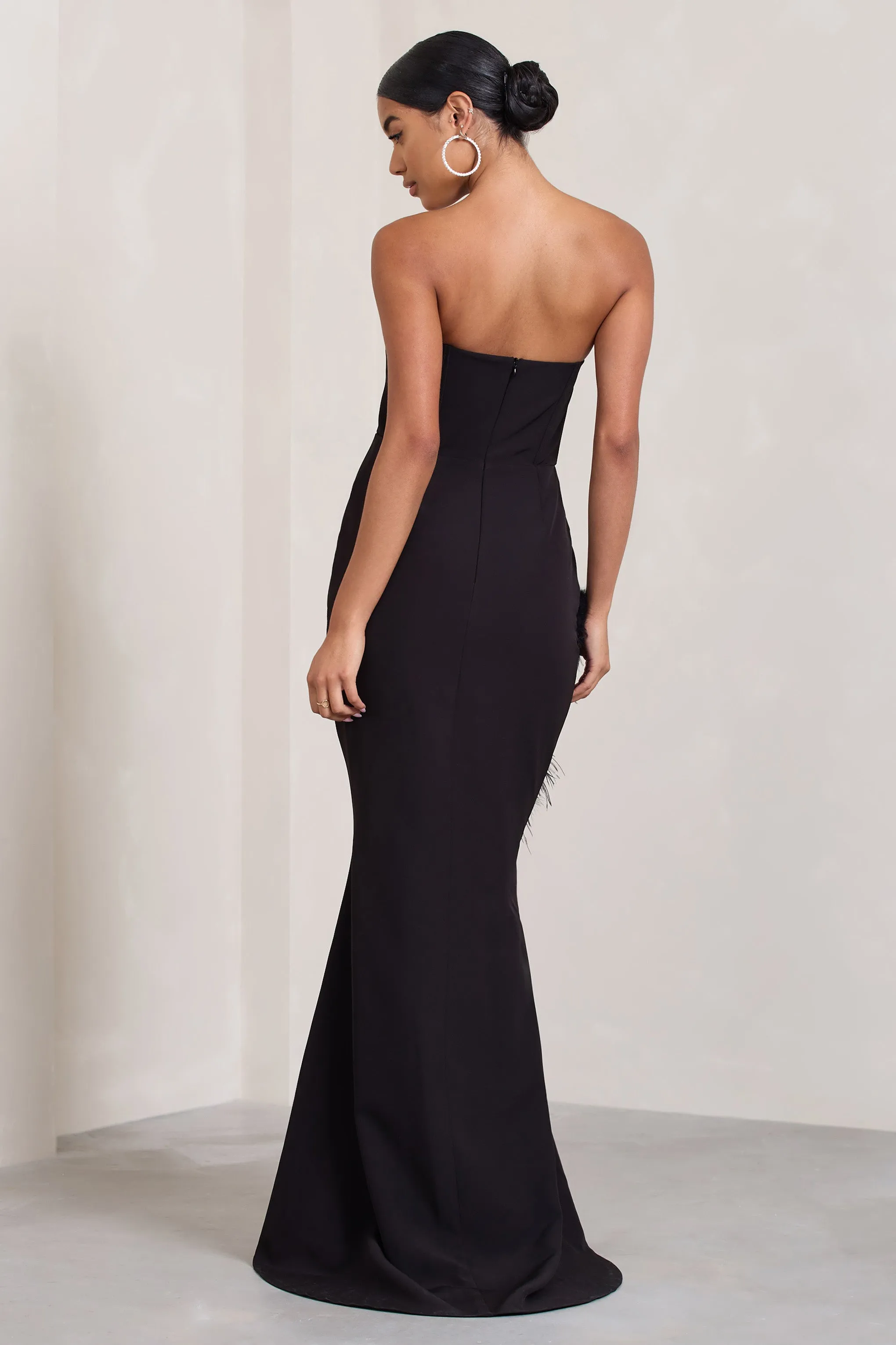 Say Yes | Black Corset Maxi Dress With Split Feather Skirt