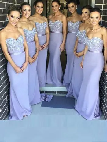 Sexy Sheath Sweetheart Strapless Lace Satin Purple Long Sleeveless Bridesmaid Dresses