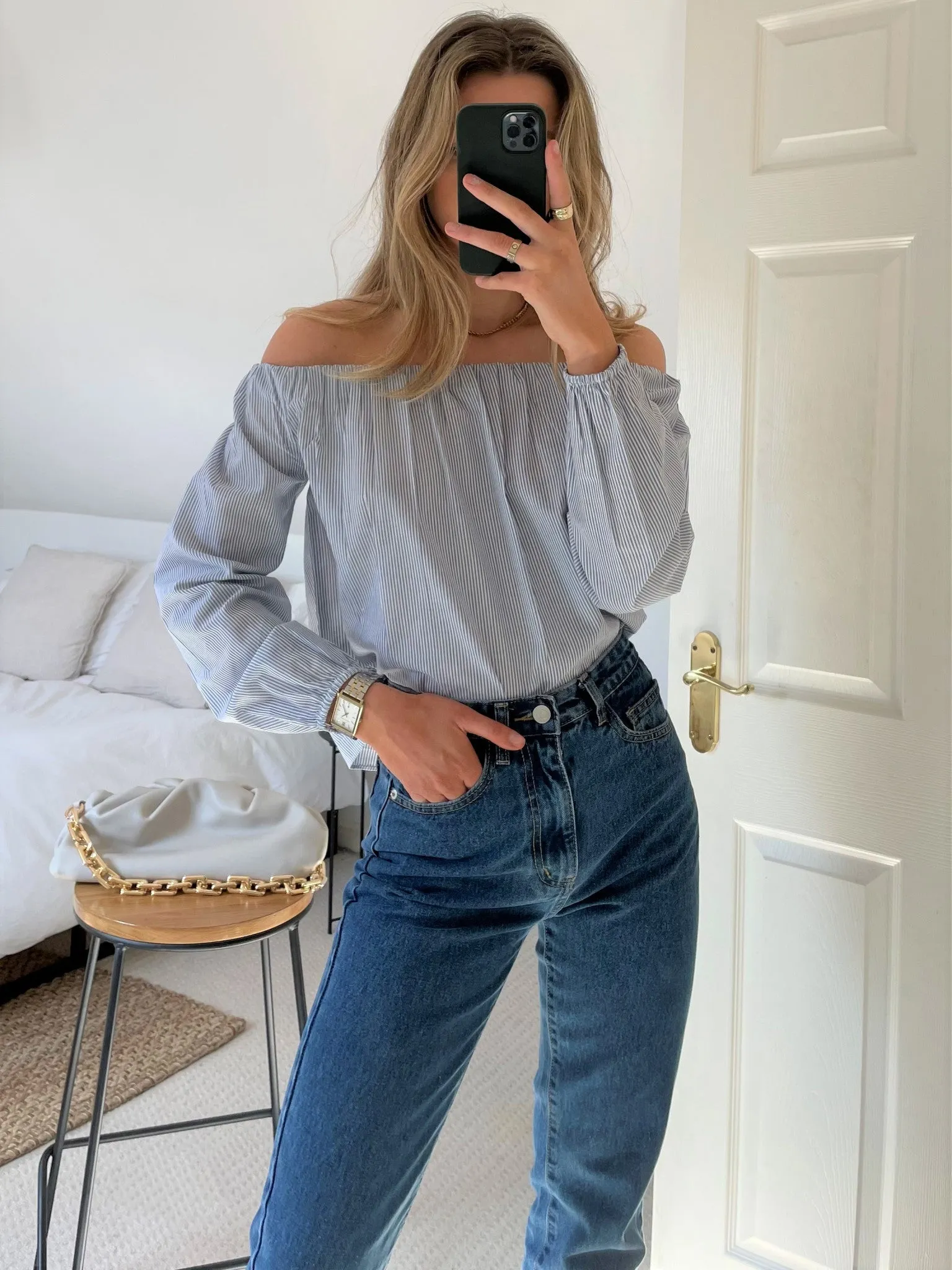 Slaytwins Lottie Cotton Stripe Bardot Blouse- Blue/white