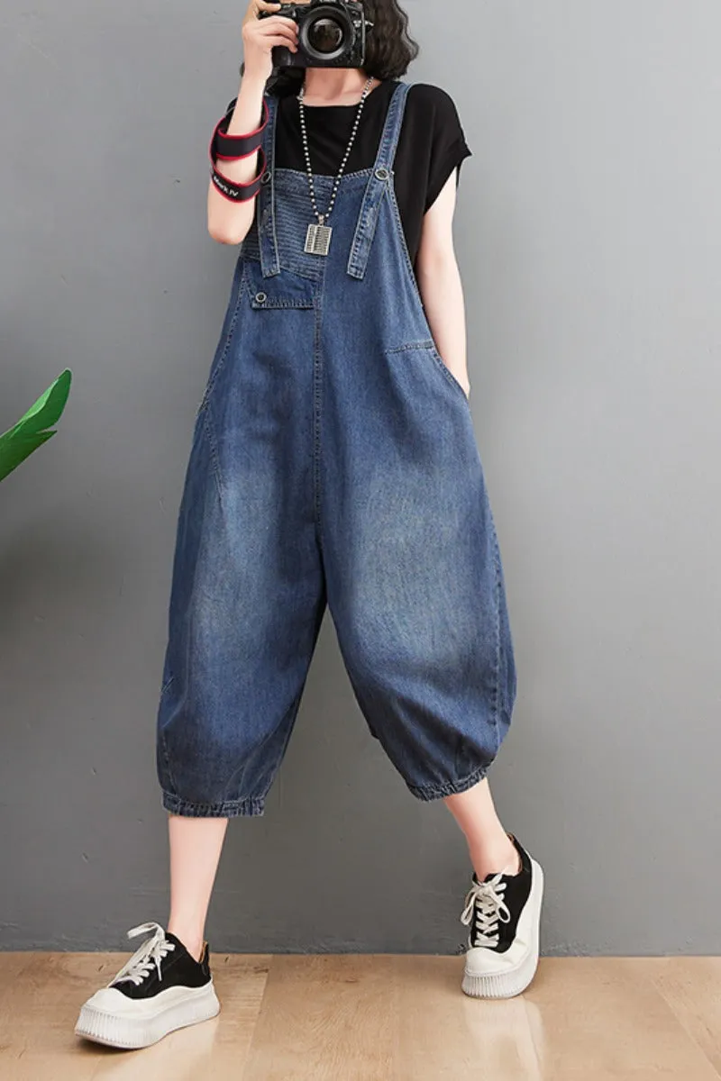 Summer Loose Retro Solid Cotton Denim Jumpsuit