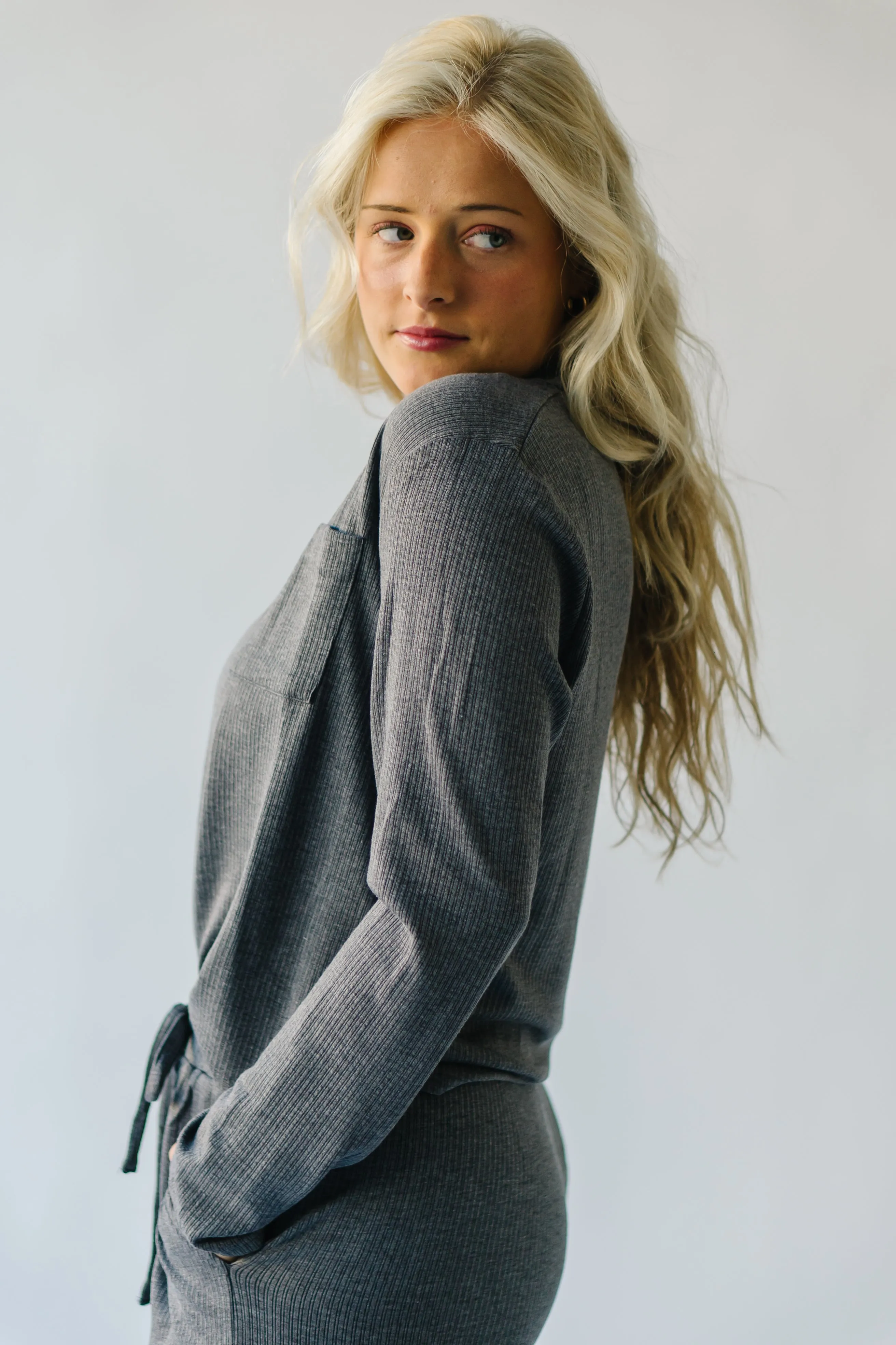 The Melton Textured Polo Blouse in Charcoal