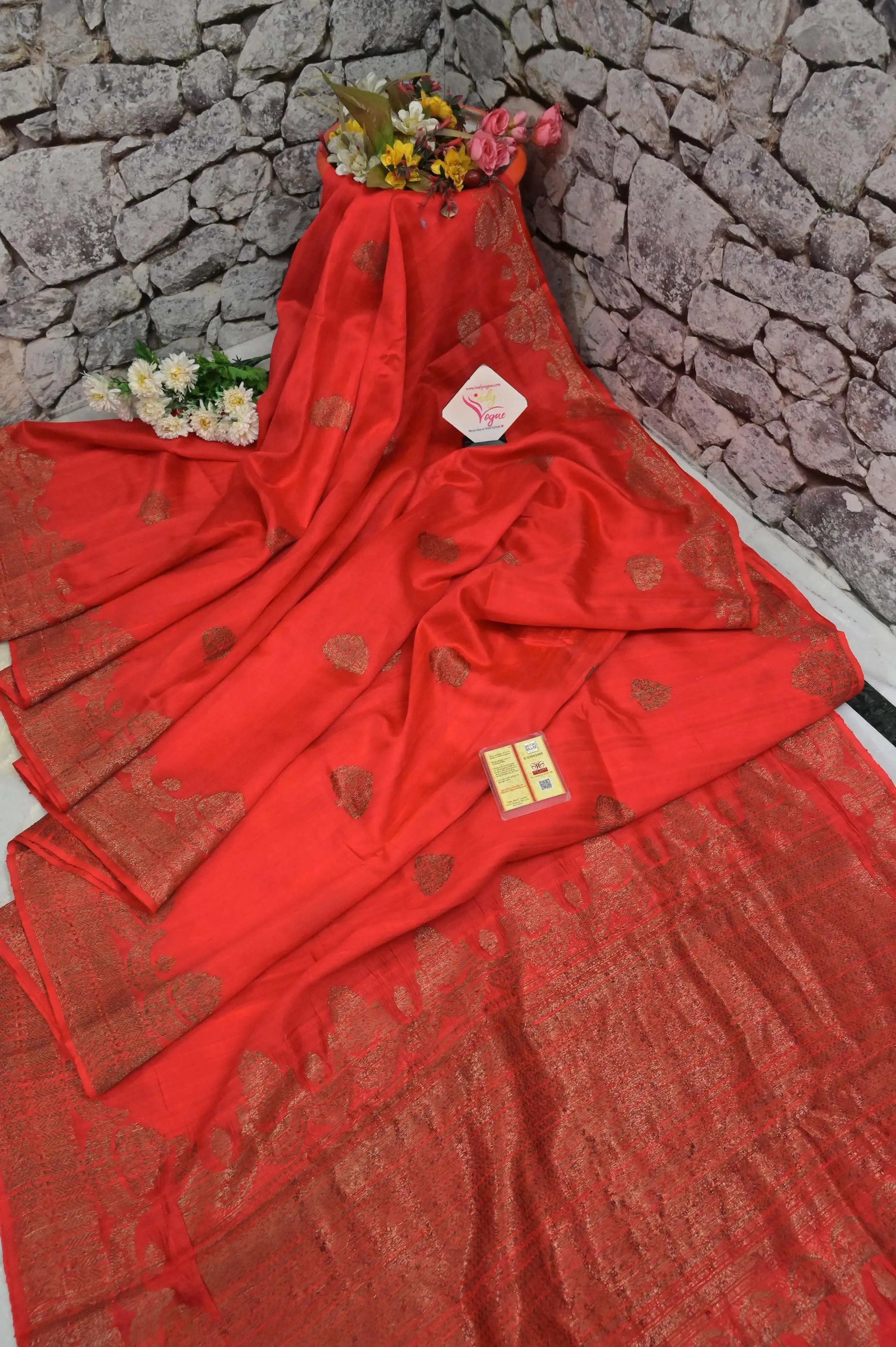 Tomato Red Color Raw Silk Banarasi Silk Saree with Butta Work