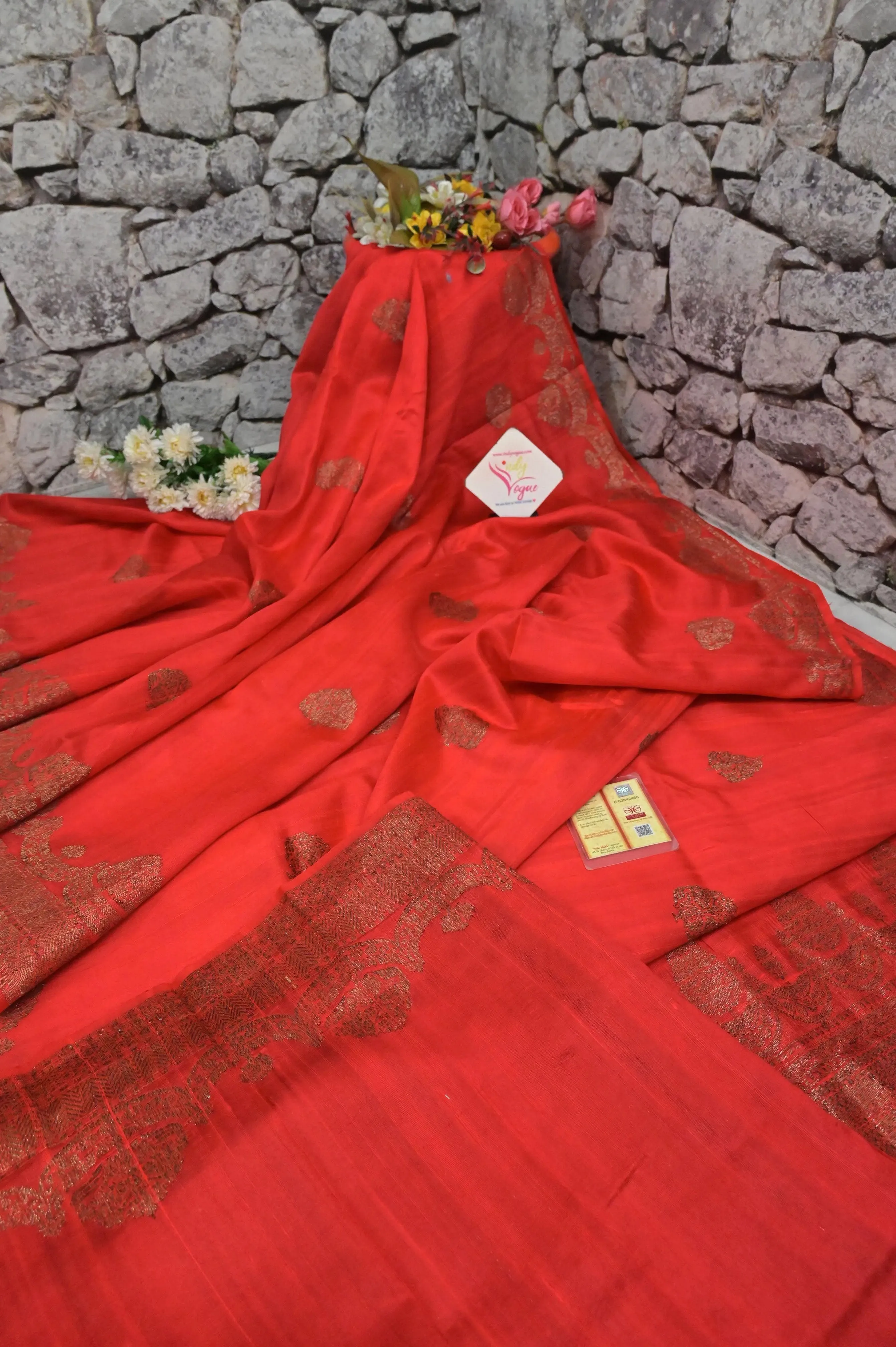 Tomato Red Color Raw Silk Banarasi Silk Saree with Butta Work