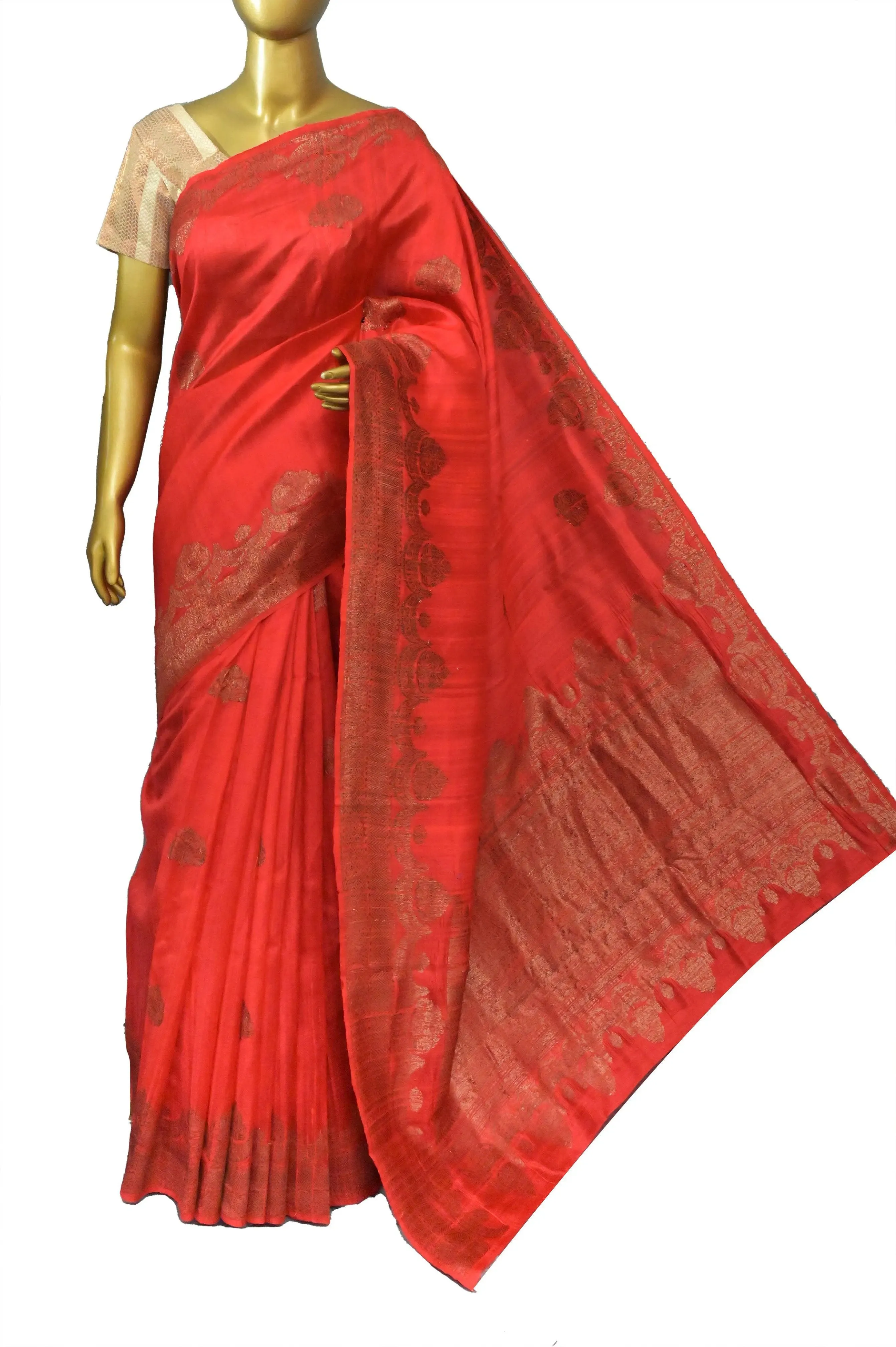 Tomato Red Color Raw Silk Banarasi Silk Saree with Butta Work