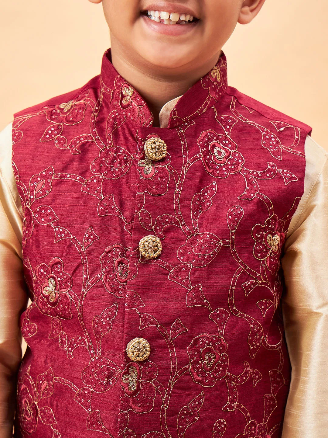 VASTRAMAY Boy's Maroon Nehru Jacket With Gold Kurta And Pyjama Set