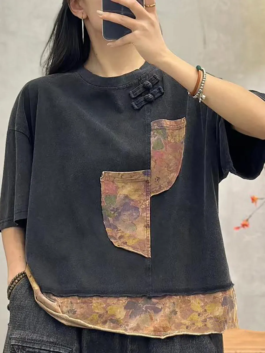 Women Summer Spliced Retro Cotton Shirt PA1017