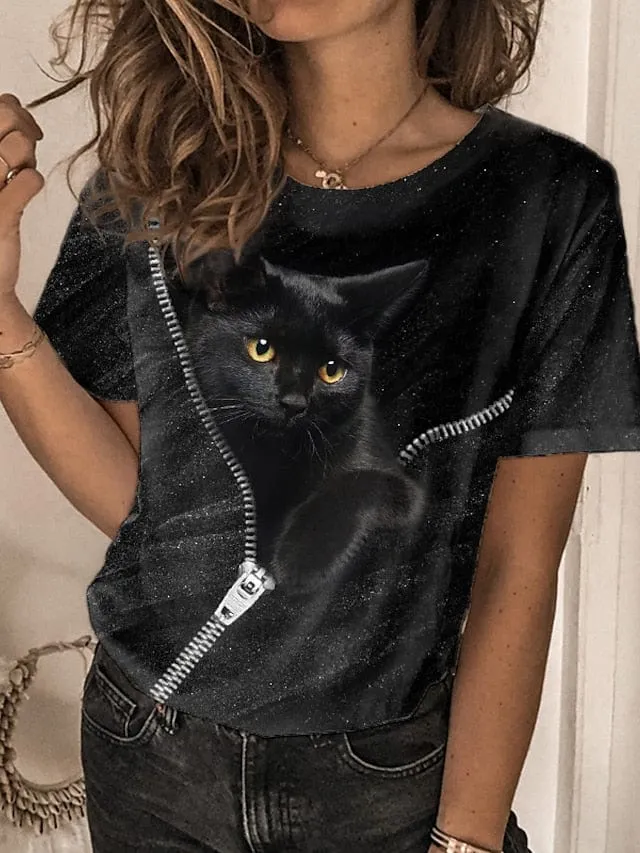 Women's 3D Cat Print Short Sleeve T-Shirt with Gold Print