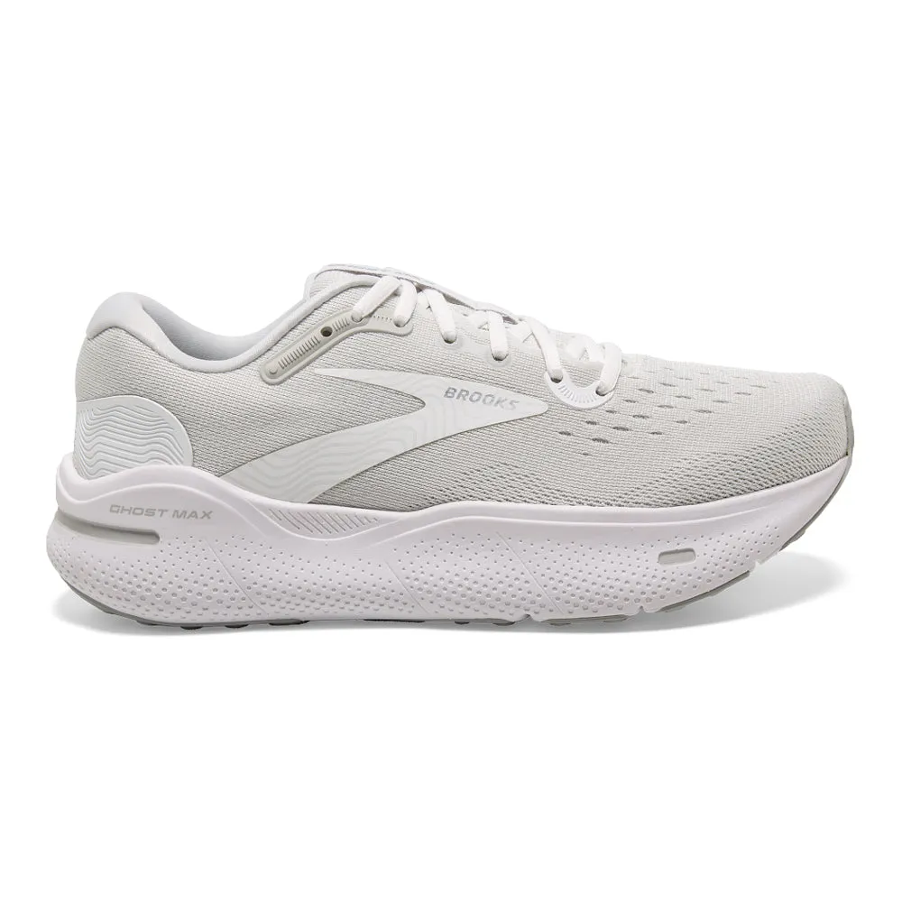 Women's Brooks Ghost Max, White/Oyster/Metallic Silver, 6.5 B Medium