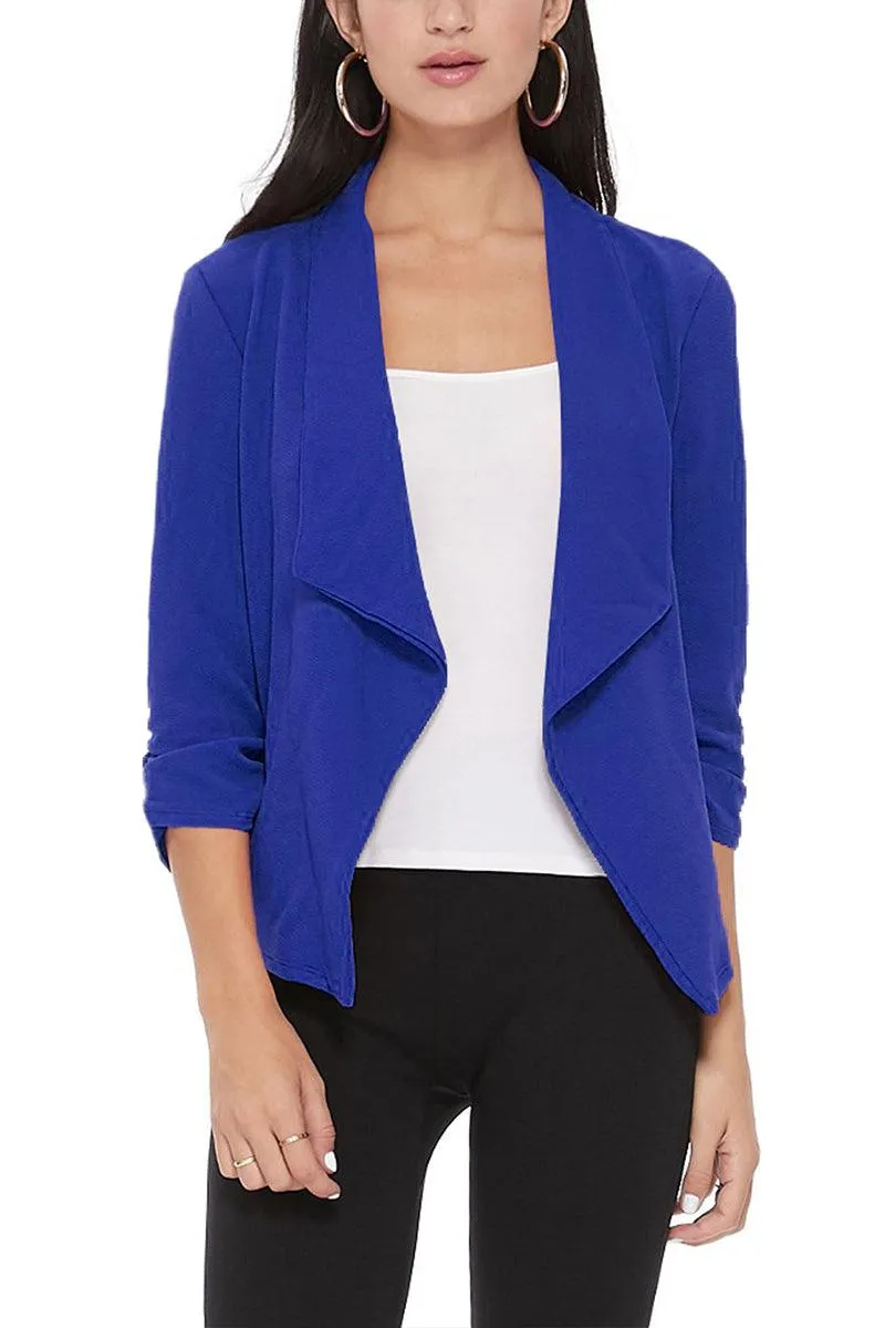 Women's Casual Open Front 3/4 Sleeve Slim Fit Draped Solid Blazer Jacket