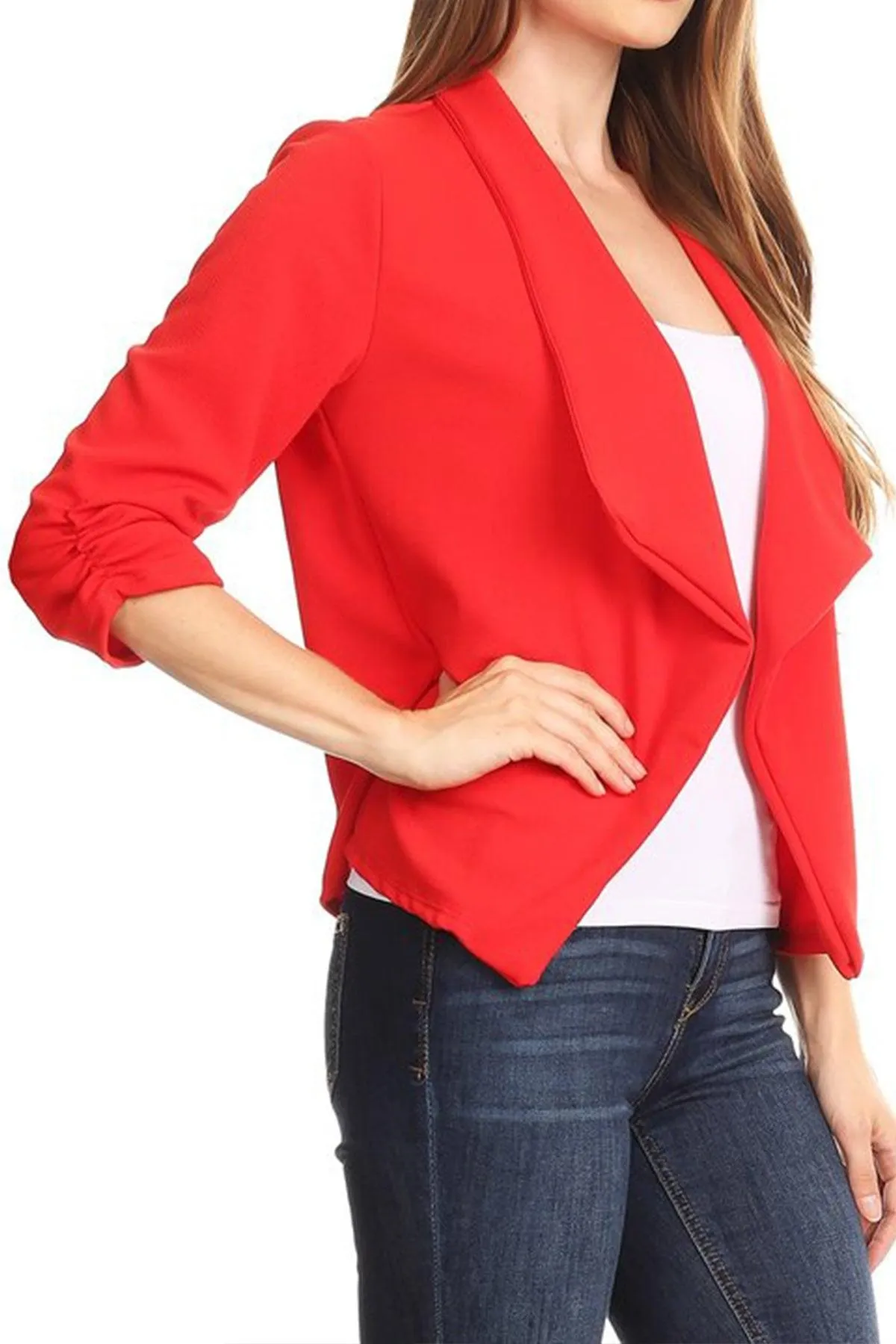 Women's Casual Open Front 3/4 Sleeve Slim Fit Draped Solid Blazer Jacket