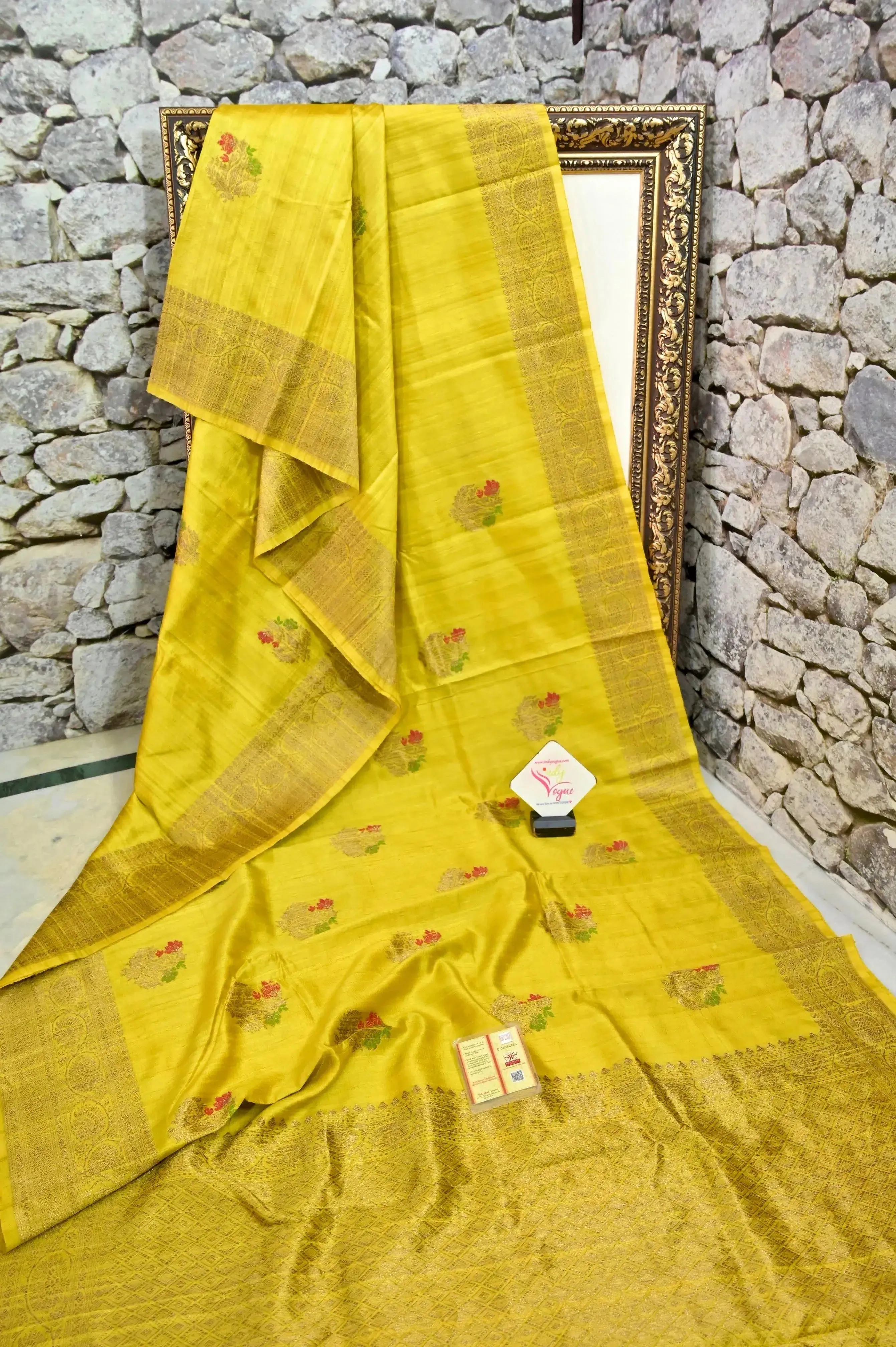 Yellow Color Pure raw Silk Banarasi Saree with Meenakari Butta and Zari Border