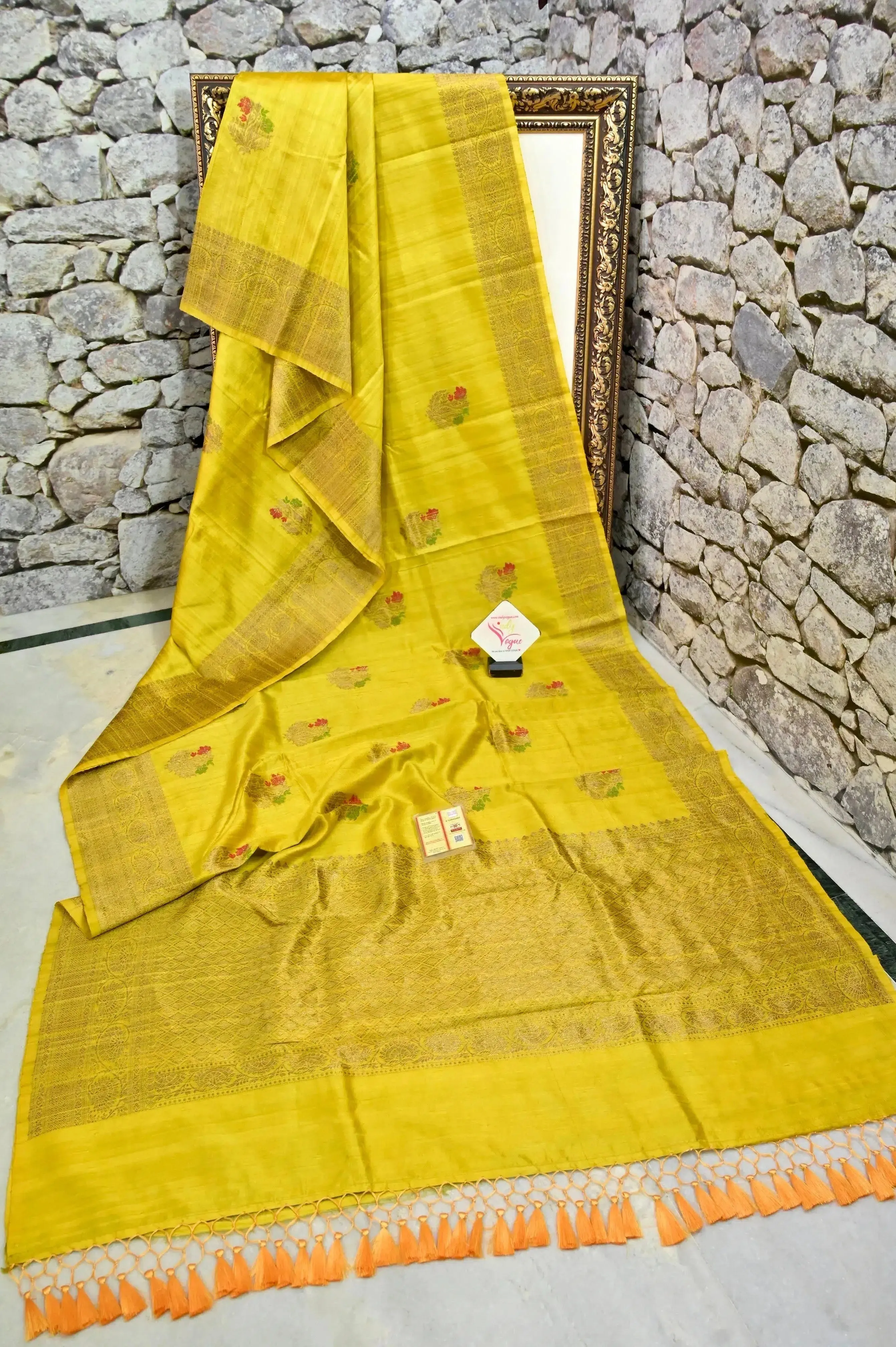 Yellow Color Pure raw Silk Banarasi Saree with Meenakari Butta and Zari Border