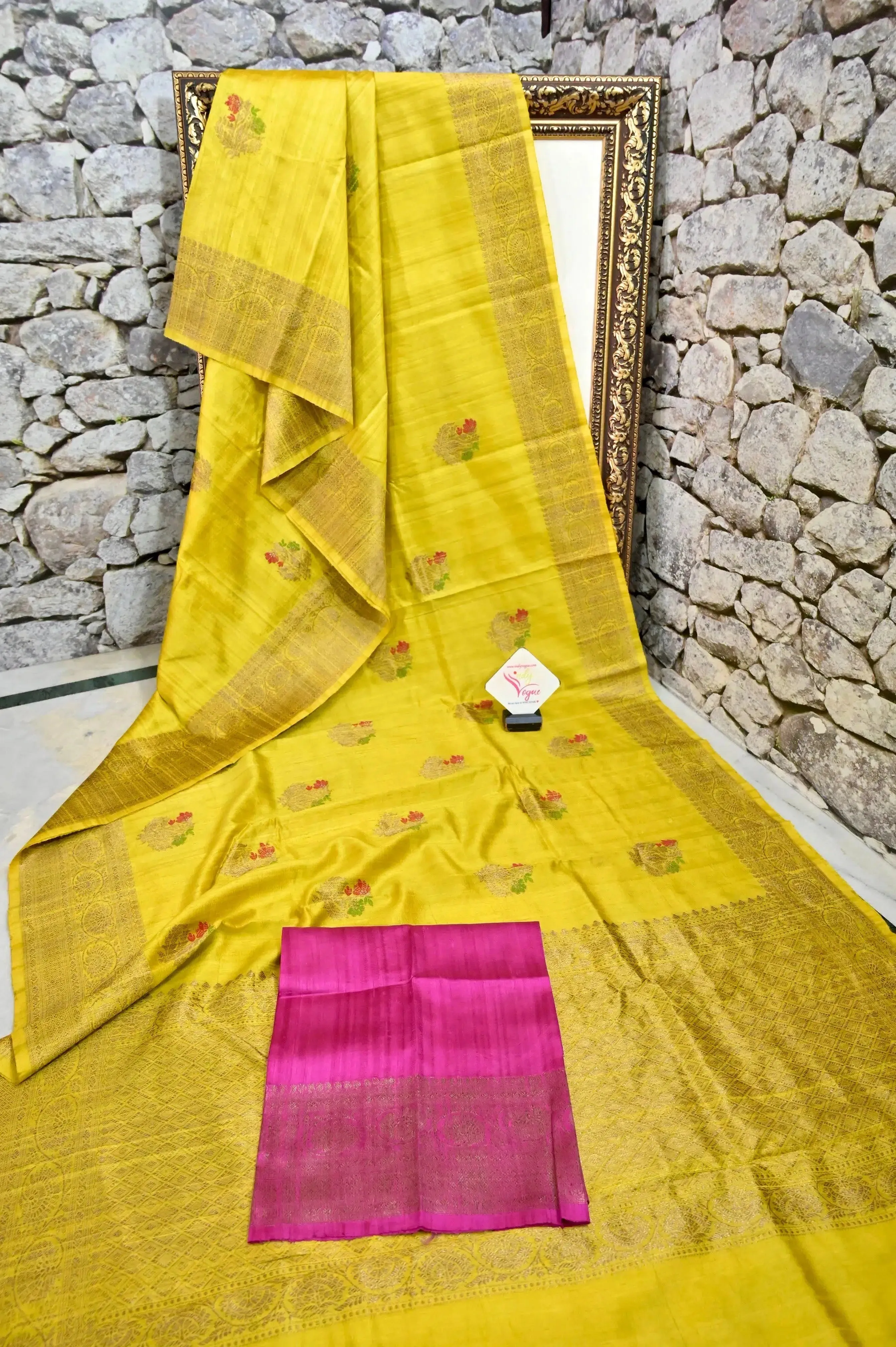 Yellow Color Pure raw Silk Banarasi Saree with Meenakari Butta and Zari Border