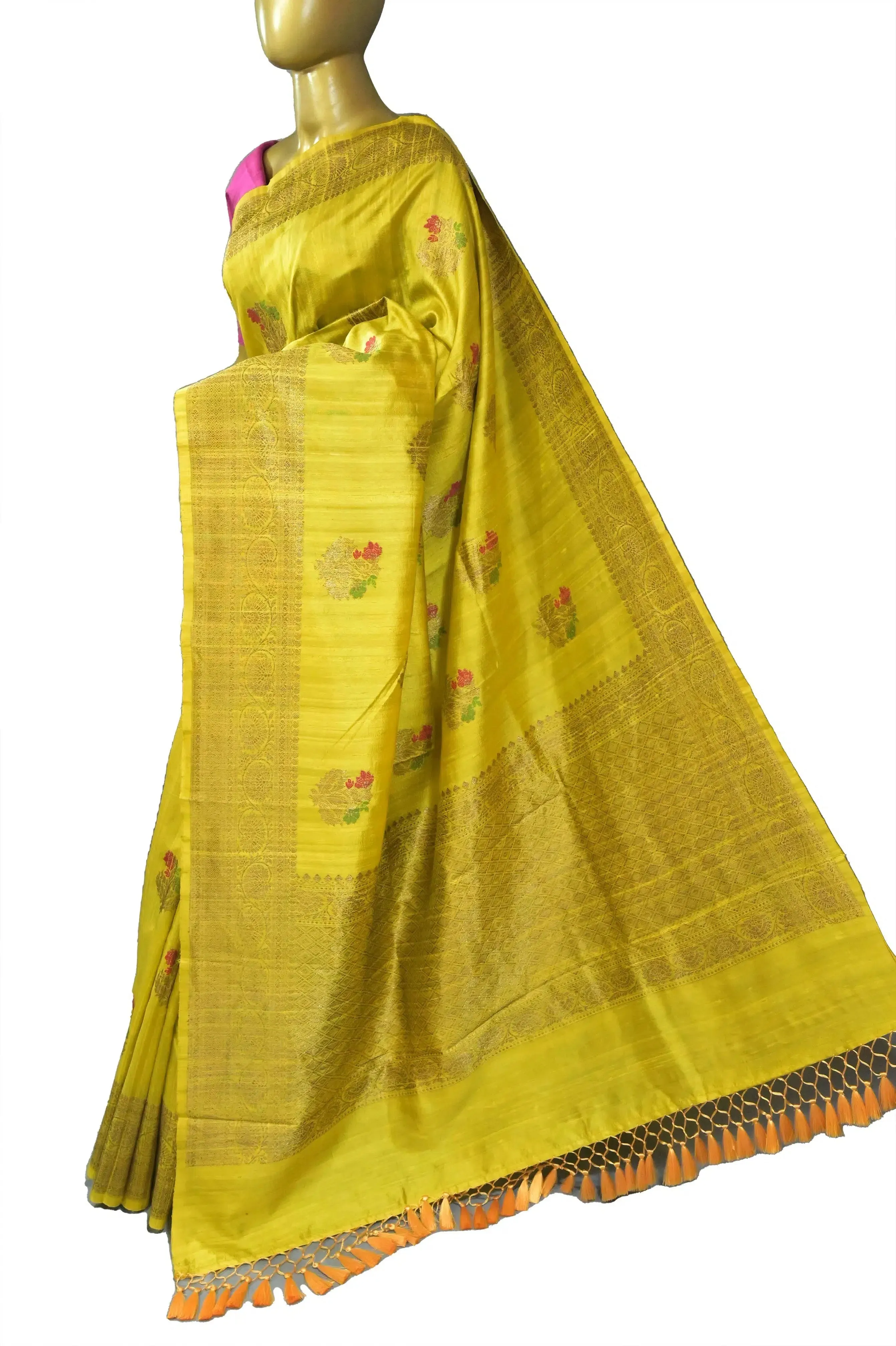 Yellow Color Pure raw Silk Banarasi Saree with Meenakari Butta and Zari Border