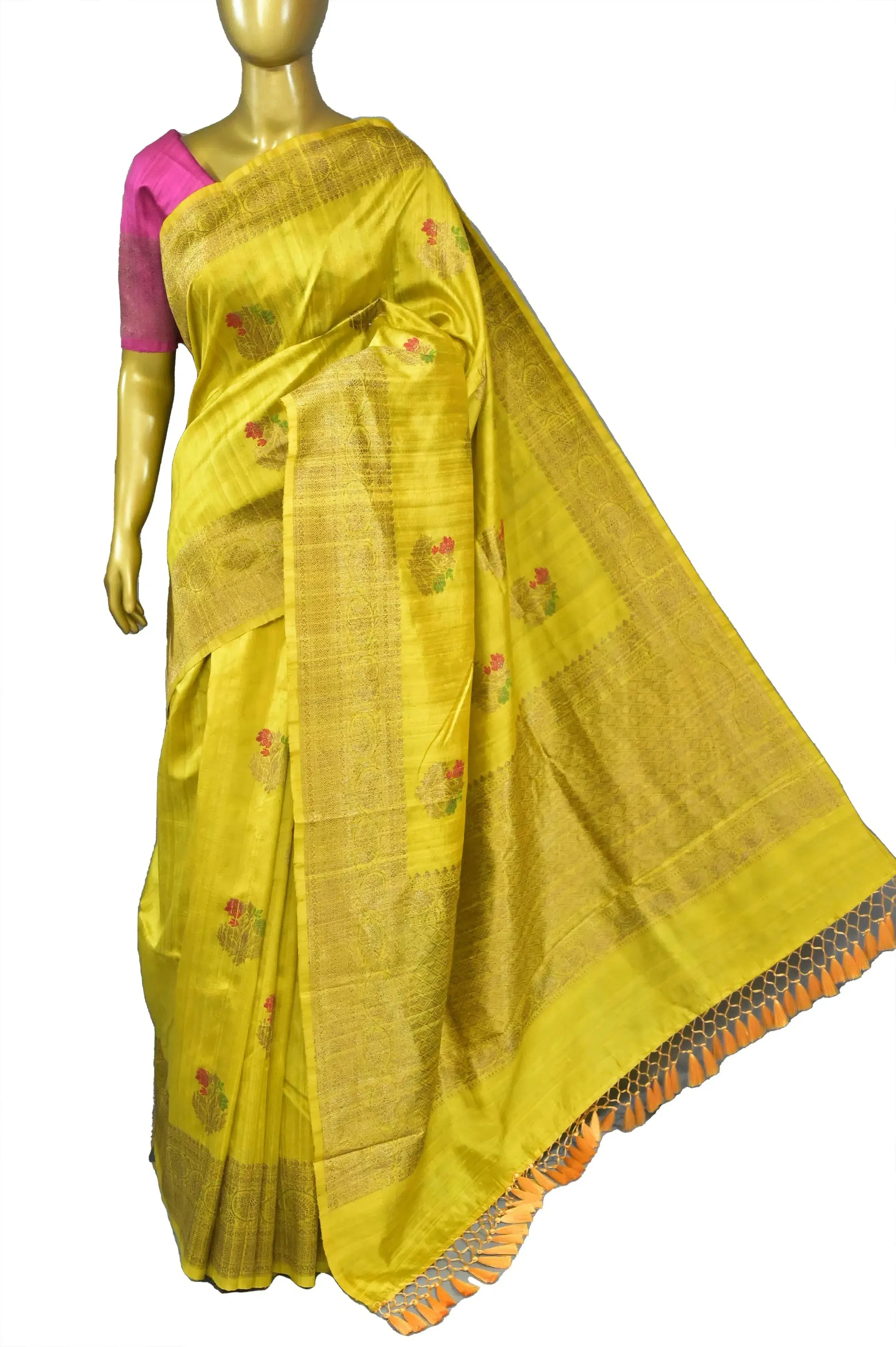 Yellow Color Pure raw Silk Banarasi Saree with Meenakari Butta and Zari Border